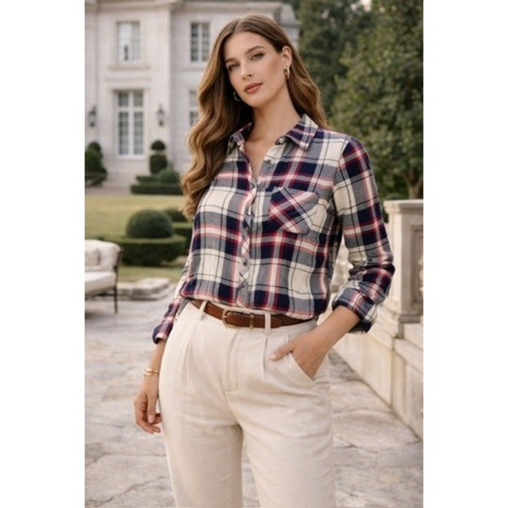 Rails Hunter Navy White Cranberry Plaid Rayon Button Down Shirt Womens XS